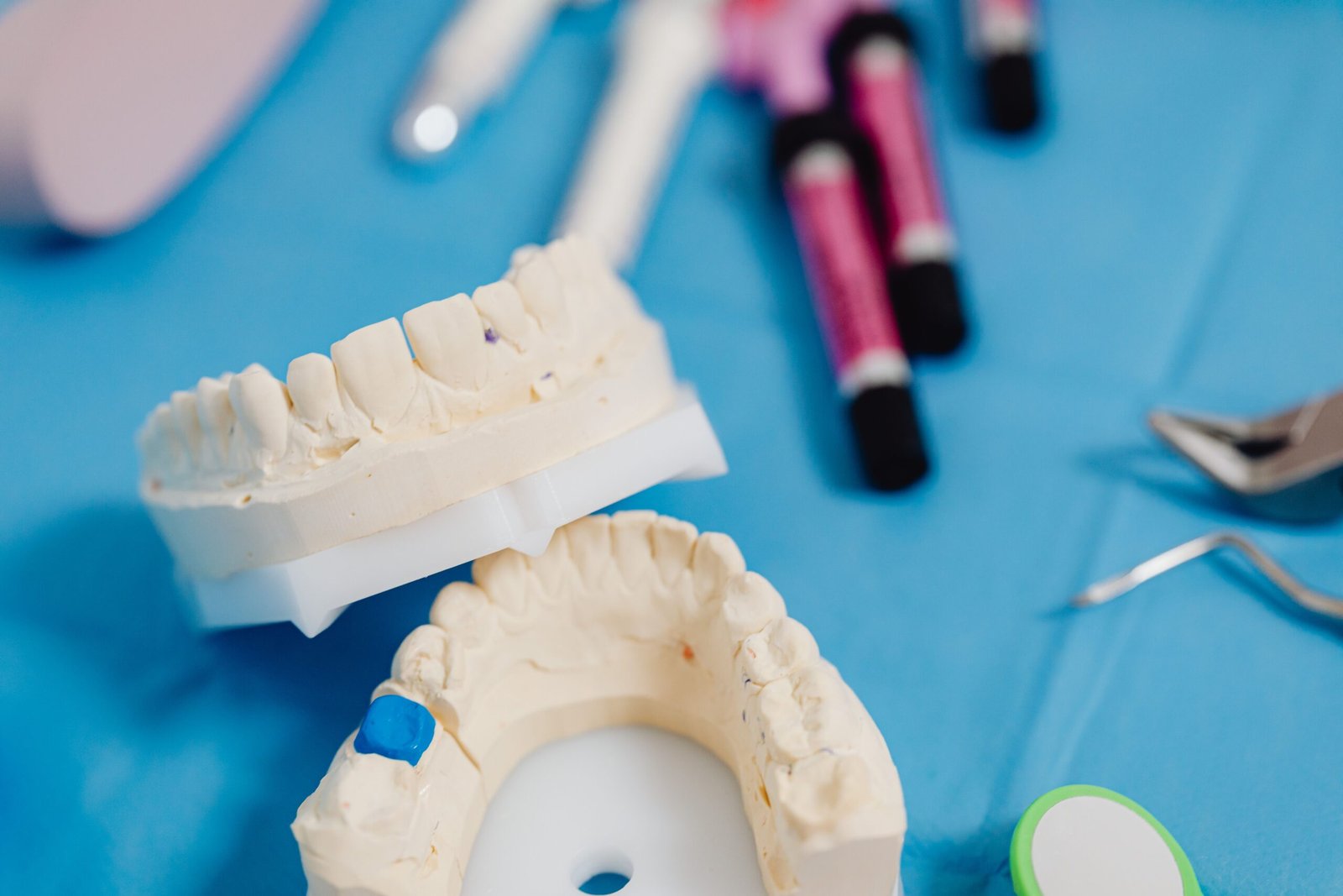 A dental jaw model with dental tools arranged on a blue cloth in a clinical training setting.